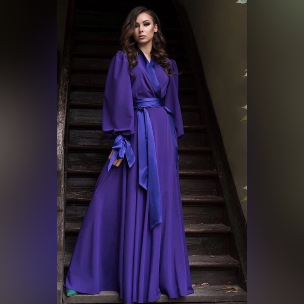 Elegant Purple Wrap Robe Dress with Sash and Statement Sleeves